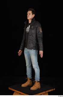  Jamie black leather jacket blue jeans brown workers dressed standing t shirt whole body 0002.jpg